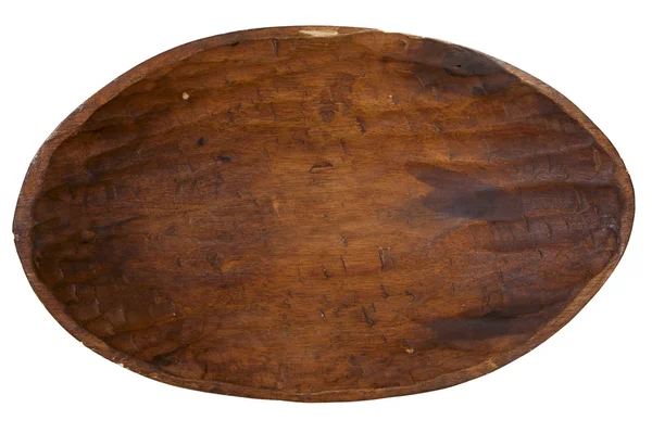 Velho artesanal esculpida tigela de madeira, isolado em branco — Fotografia de Stock