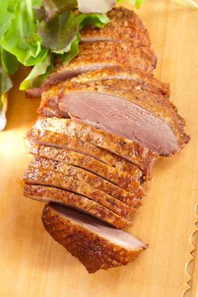 Smoked duck breast meat fillet, sliced — Stock Photo, Image