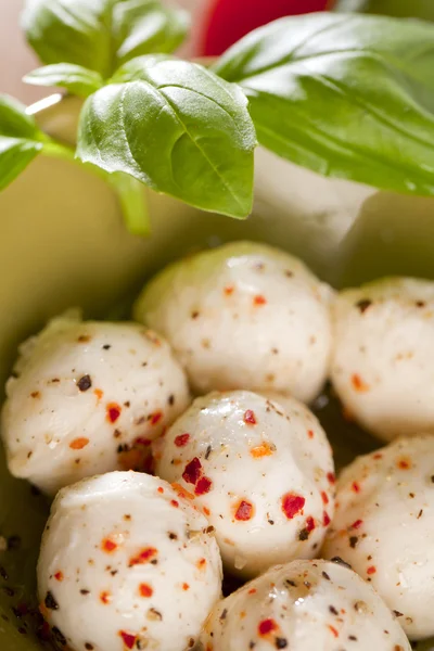 Mozzarella balls spiced with basil leaves — Stock Photo, Image