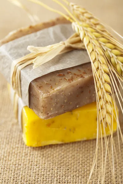 Homemade soap bars with wheat spikelets, — Stock Photo, Image