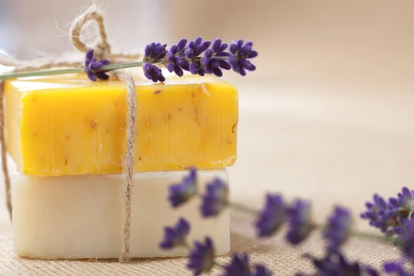 Handmade soap bars with lavender flowers, shallow DOF — Stock Photo, Image