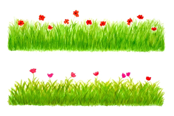 Två gräs gränsen stycken akvarell hand ritat och målat — Stockfoto