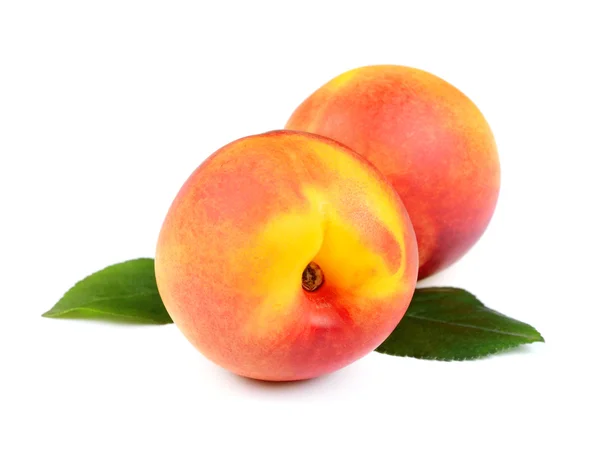 Свіжі персикові фрукти з зеленим листям — стокове фото