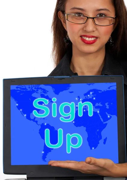 Sign Up Computer Message Shows Online Registration — Stock Photo, Image
