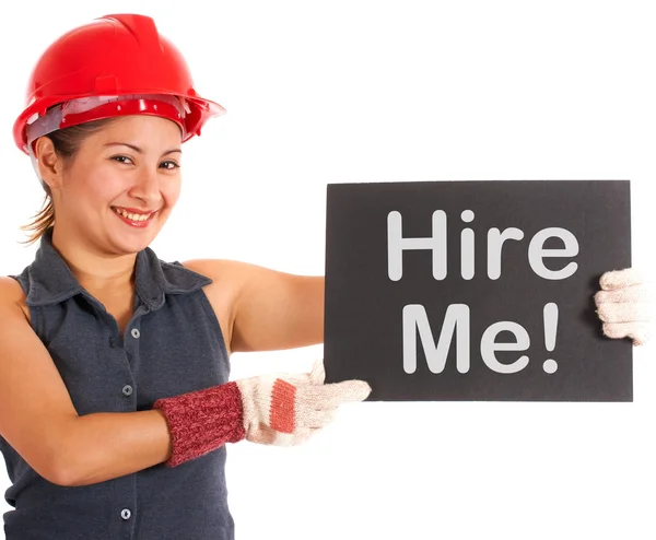 Contratar-me assinar com o trabalhador da construção mostrando carreiras — Fotografia de Stock