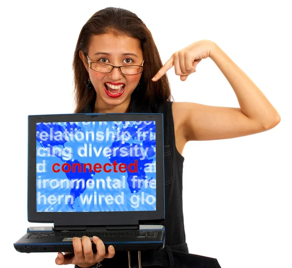 Girl With Connected Word On Map Showing Global Networks — Stock Photo, Image