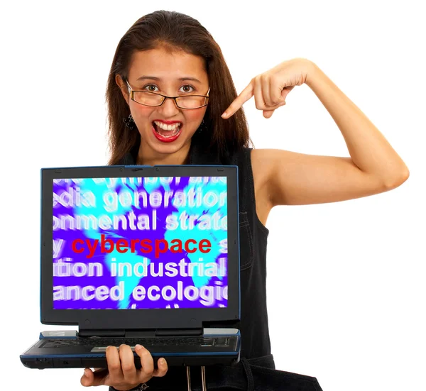 Menina com tela do ciberespaço mostrando Internet — Fotografia de Stock