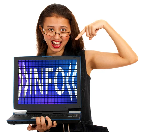 Chica con información palabra en pantalla mostrando información — Foto de Stock