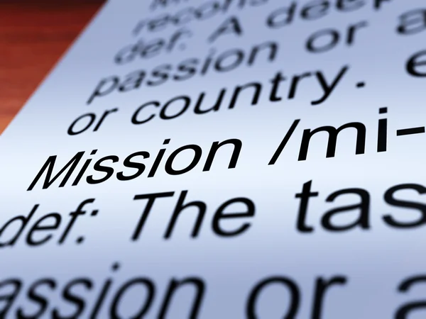 Zbliżenie definicji misji wyświetlone zadania lub cel — Zdjęcie stockowe