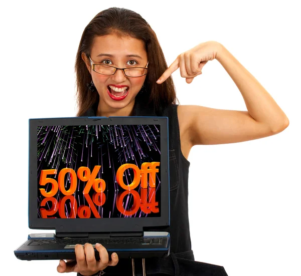 Dziewczyna z pięćdziesiąt procent od ekranu wyświetlone sprzedaży rabat w wysokości pięćdziesięciu procent — Zdjęcie stockowe