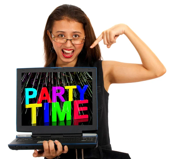 Mädchen mit Party-Zeit auf dem Bildschirm zeigt Feier — Stockfoto
