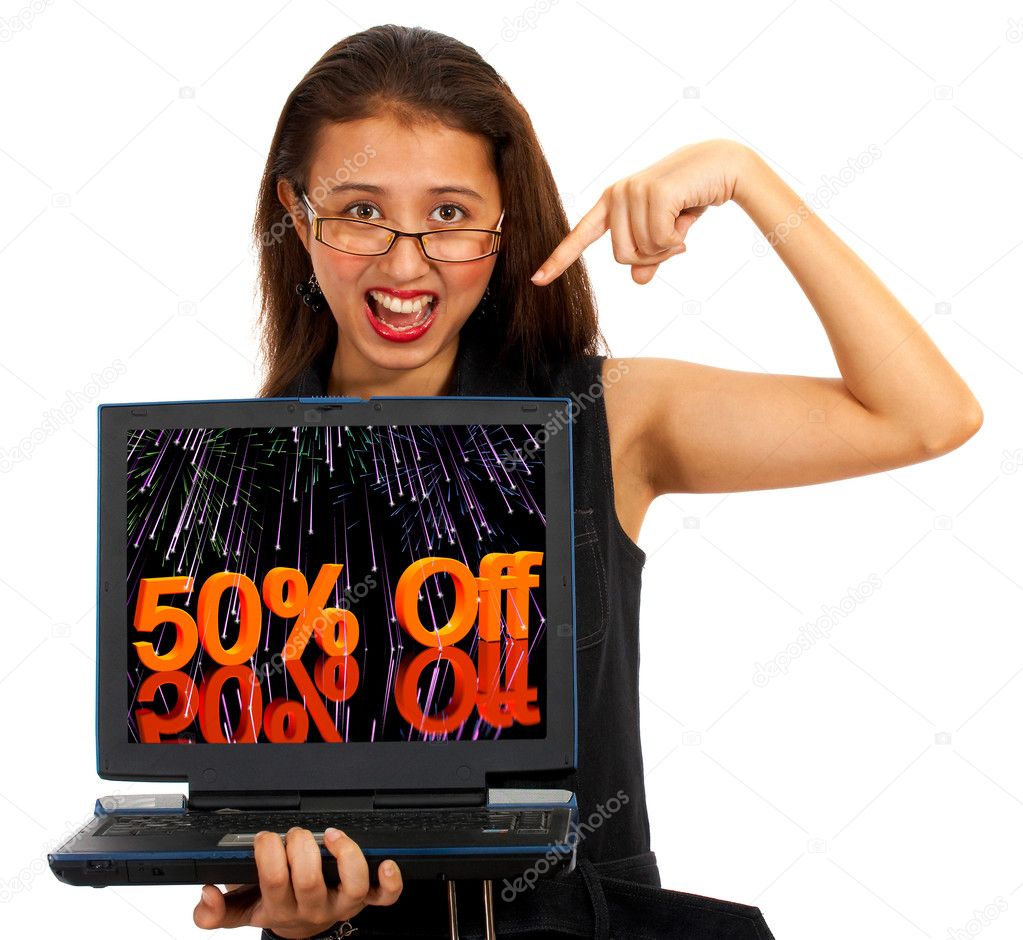 Girl With Fifty Percent Off Screen Showing Sale Discount Of Fifty Percent