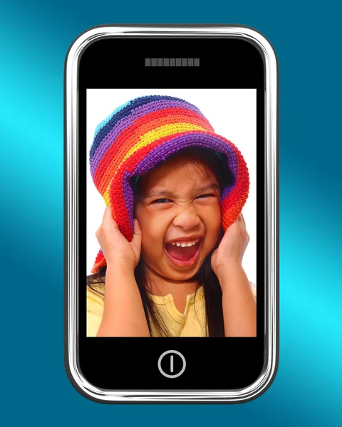 Happy Laughing Young Girl Photo On Mobile Phone — Stock Photo, Image