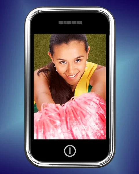 Lächelndes Cheerleader-Bild auf Handy — Stockfoto