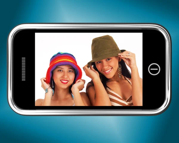 Two Teenage Girls In Hats Picture On Smartphone — Stock Photo, Image