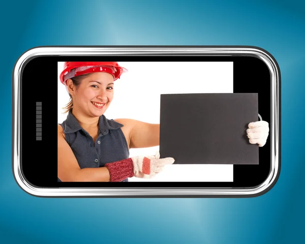Bouwvakker bedrijf leeg bord op mobiele telefoon — Stockfoto