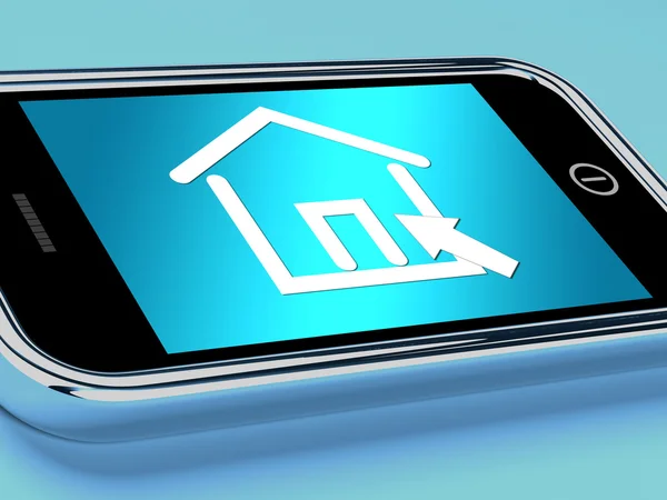 Símbolo da casa na tela móvel mostra imóveis ou arrendamentos — Fotografia de Stock