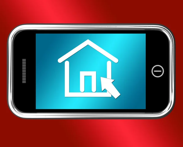 Dům symbol na mobilní ukazuje, nemovitostí nebo pronájem — Stock fotografie
