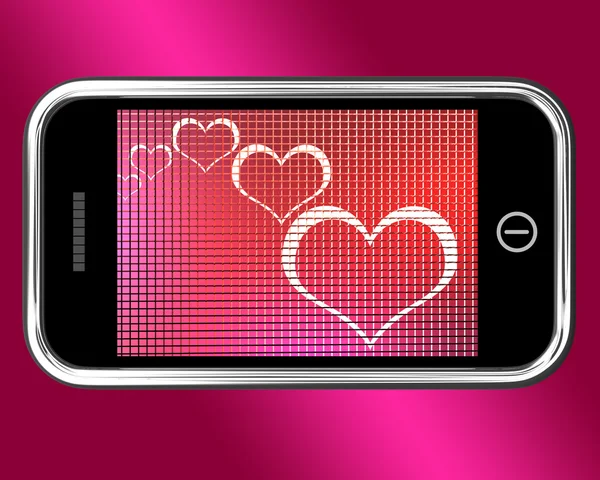 Hearts On Mobile Phone Shows Love And Online Dating — Stock Photo, Image