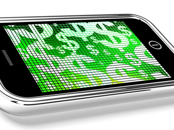 Dólares na tela móvel mostram dinheiro ou riqueza — Fotografia de Stock