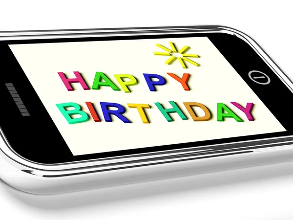 Χαρούμενα γενέθλια μήνυμα στο κινητό τηλέφωνο δείχνει μηνύματος internet. — Φωτογραφία Αρχείου