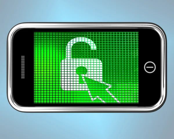 Desbloqueado cadeado telefone móvel mostra acesso ou proteção — Fotografia de Stock