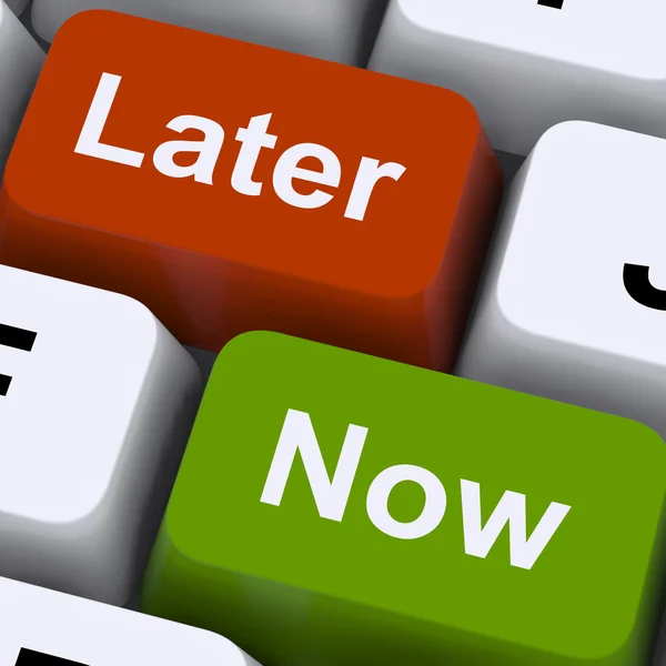 Now Or Later Keys Showing Delay Deadlines And Urgency — Stock Photo, Image