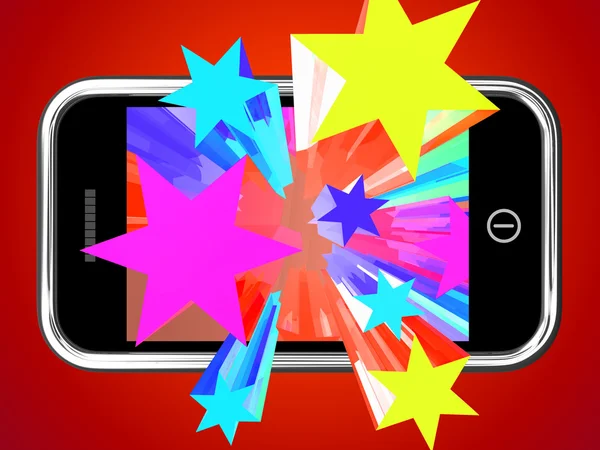 Kleurrijke sterren barsten van mobiele telefoon — Stockfoto