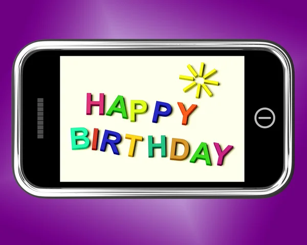 Zadowolony urodziny wiadomość na telefon komórkowy pokazuje powitanie internet — Zdjęcie stockowe