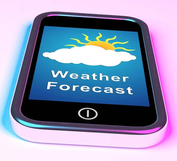 Mobil telefon mutatja, felhős nap időjárás-előrejelzés — Stock Fotó