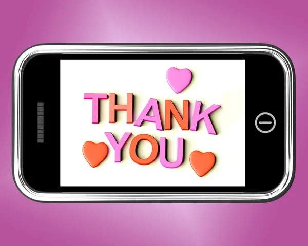 Obrigado e corações mensagem como agradecimentos enviados no celular — Fotografia de Stock