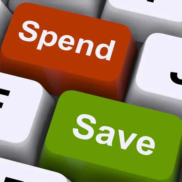 Schlüssel ausgeben oder sparen zeigt Budget und Sparen — Stockfoto