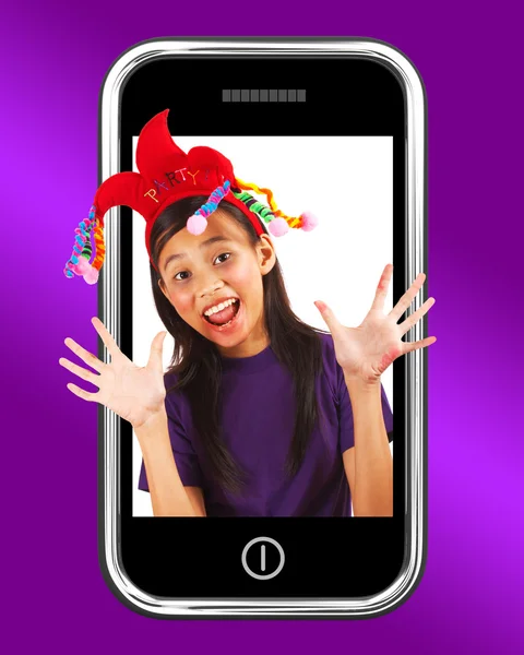 Happy Young Girl Coming Out Of Mobile Phone — Stock Photo, Image