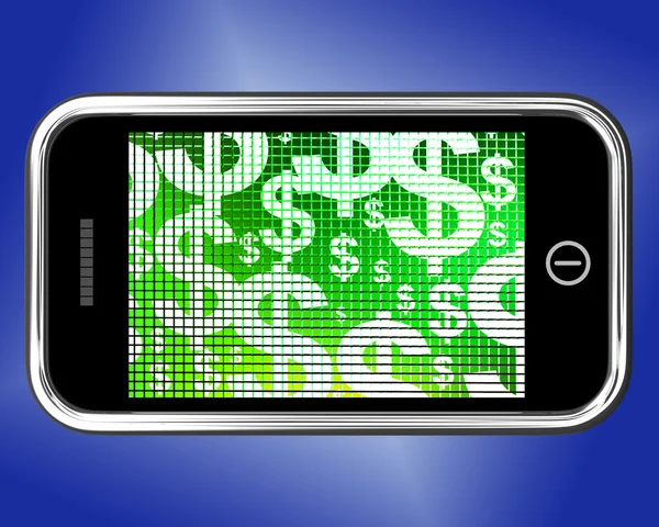 Доллары на мобильном экране с деньгами или доходами — стоковое фото