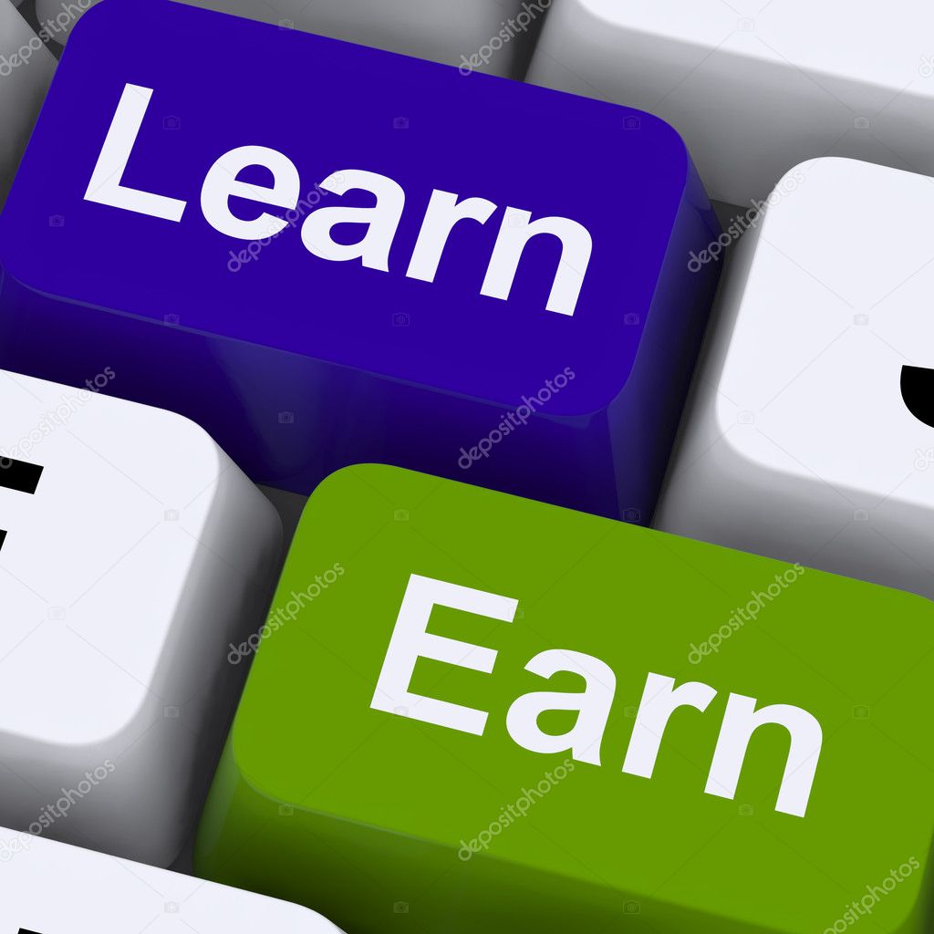 Learn And Earn Computer Keys Showing Working Or Studying