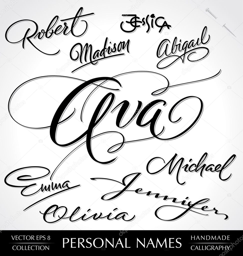 Hand lettering set of 9 common personal names, handmade calligraphy, vector (eps8);