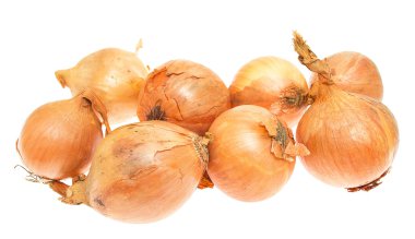 Fresh golden onions, isolated on white background.
