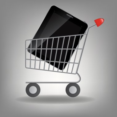  illustration of supermarket shopping cart with tablet ic