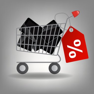  illustration of supermarket shopping cart with tablet ic