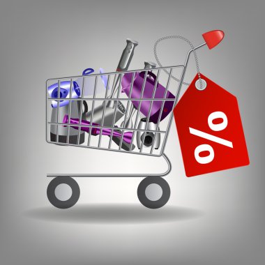  illustration of supermarket shopping cart with kitchen