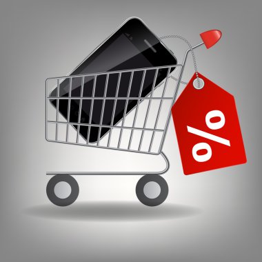  illustration of supermarket shopping cart with mobile ph