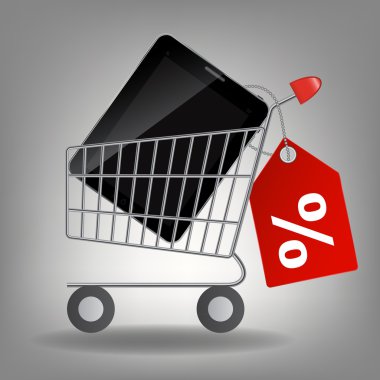  illustration of supermarket shopping cart with tablet ic