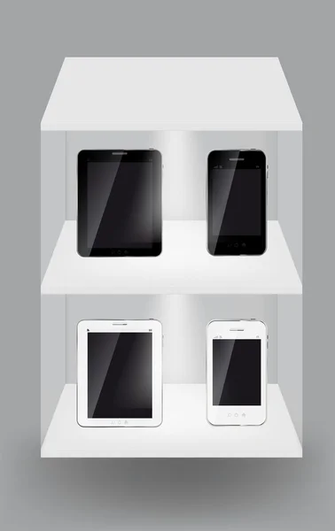 stock image Abstract design tablet and mobile phone on white shelves on ligh