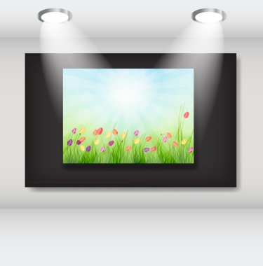 Frame with natural floral background in art gallery. vector illu