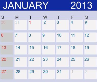 Calendar 2013. January Illustration clipart