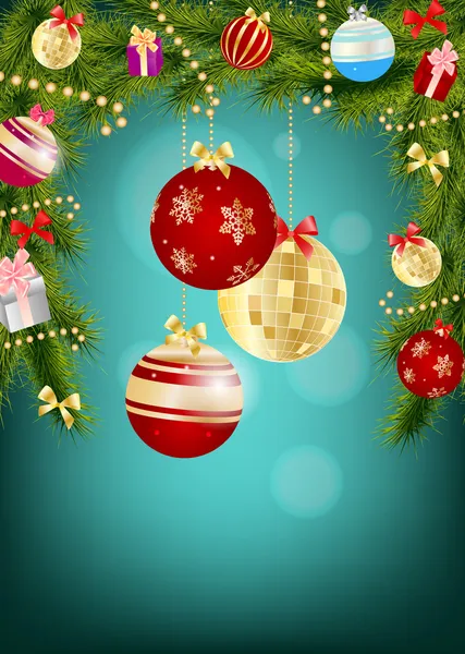 Christmas background with baubles and christmas tree — Stock Vector ...