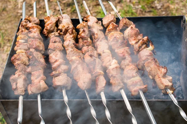 Juicy slices of meat with onion prepare on fire — Stock Photo, Image