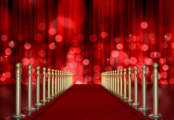 Entrada tapete vermelho com luz vermelha estouro sobre cortina — Fotografia de Stock