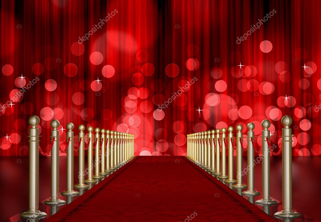 Red carpet entrance with the stanchions and the ropes. red Light Burst over curtain