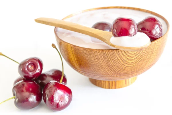 Fresh cherries fruits with yogurt — Stock Photo, Image